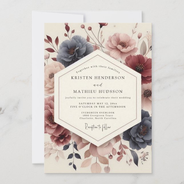 Invitation Navy Floral Bloom Wedding (Devant)