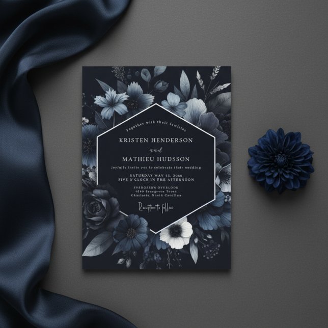 Invitation Navy Floral Bloom Wedding (Créateur téléchargé)