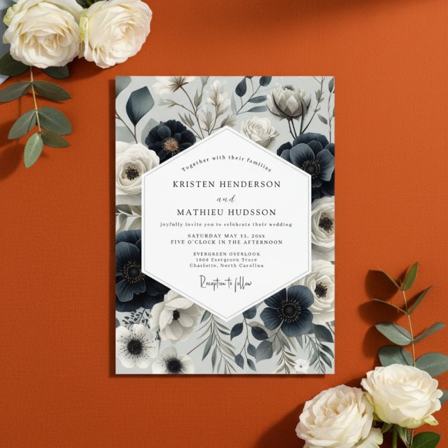 Invitation Navy Floral Elegance Wedding (Créateur téléchargé)