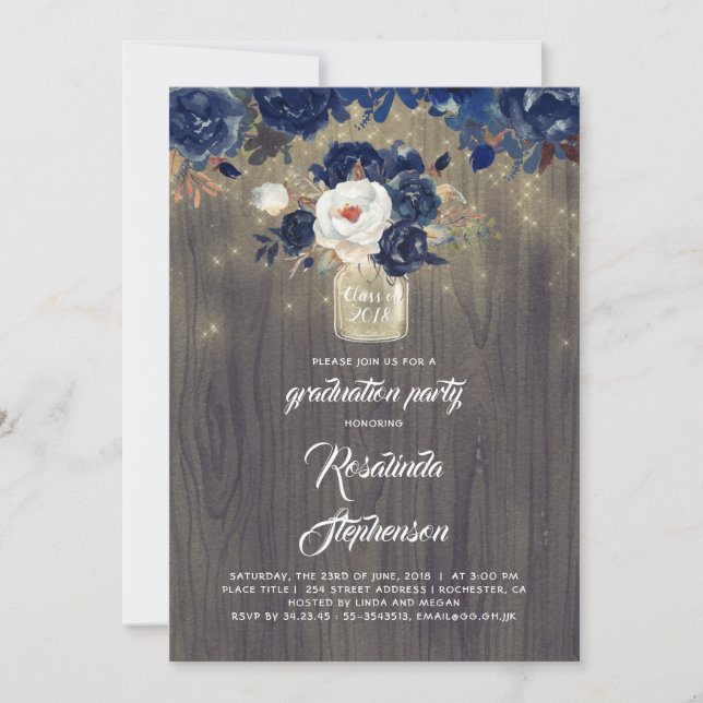 Invitation Navy Floral Mason Jar Rustic Graduation Party (Devant)