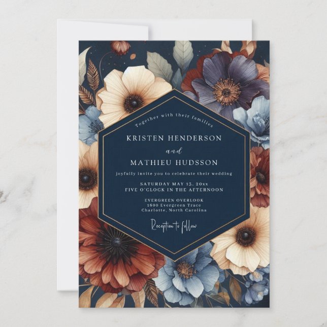 Invitation Navy Floral Moody Bloom Wedding (Devant)