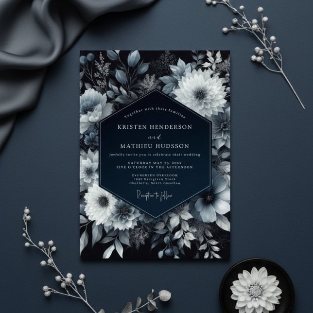 Invitation Navy Floral Moody Romance Wedding (Créateur téléchargé)