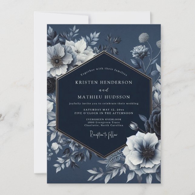 Invitation Navy Floral Nocturnal Romance Wedding (Devant)