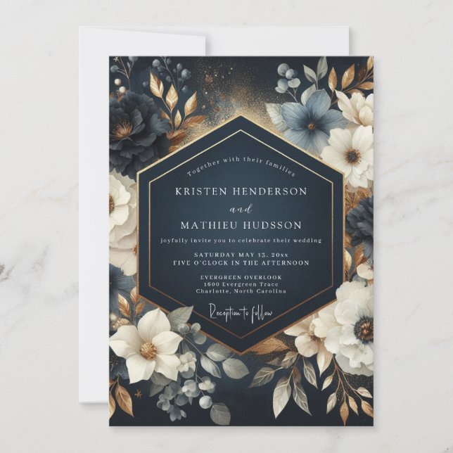 Invitation Navy Floral Opulent Wedding (Devant)