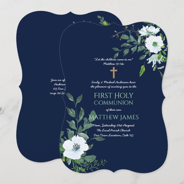 Invitation NAVY Floral Première communion sainte avec verset (Devant / Derrière)