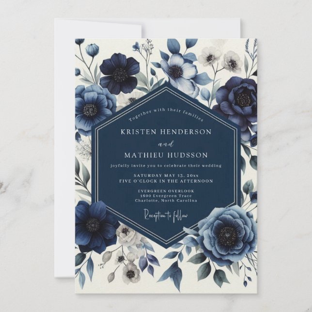 Invitation Navy Floral Romantic Wedding (Devant)