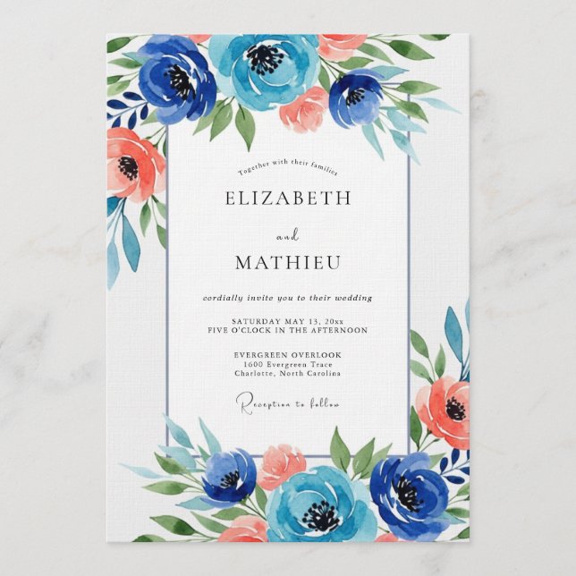 Invitation Navy Floral Watercolor Wedding (Devant)