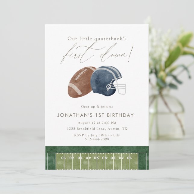 Invitation Navy Football Helmet First Birthday (Debout devant)