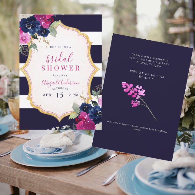Invitation Navy & Fuchsia Floral Fête de Mariage (Créateur téléchargé)