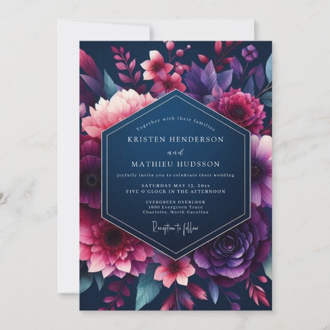 Invitation Navy & Fuchsia Vibrant Bloom Wedding (Devant)