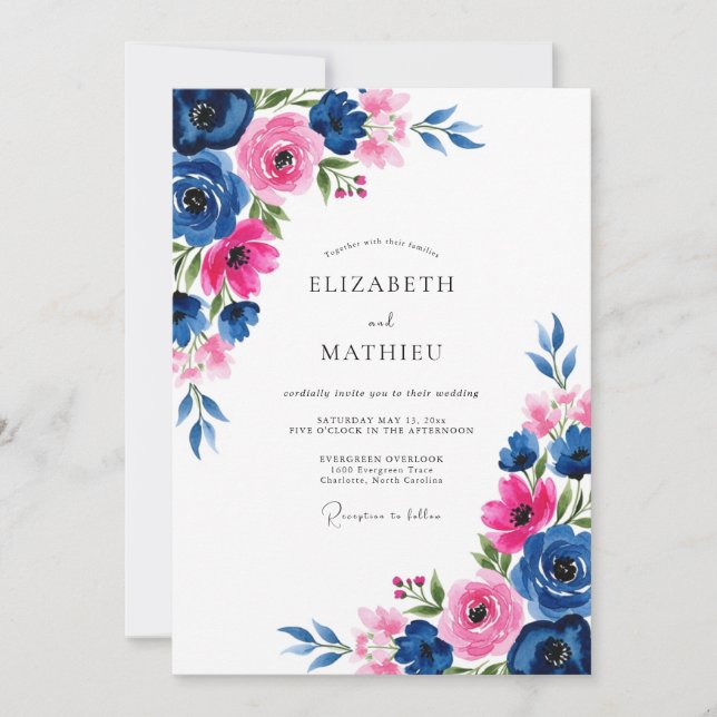 Invitation Navy Fuchsia Watercolor Romantic Wedding (Devant)