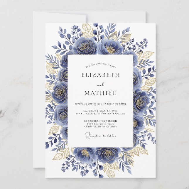 Invitation Navy Gilded Bloom Romantic Wedding (Devant)