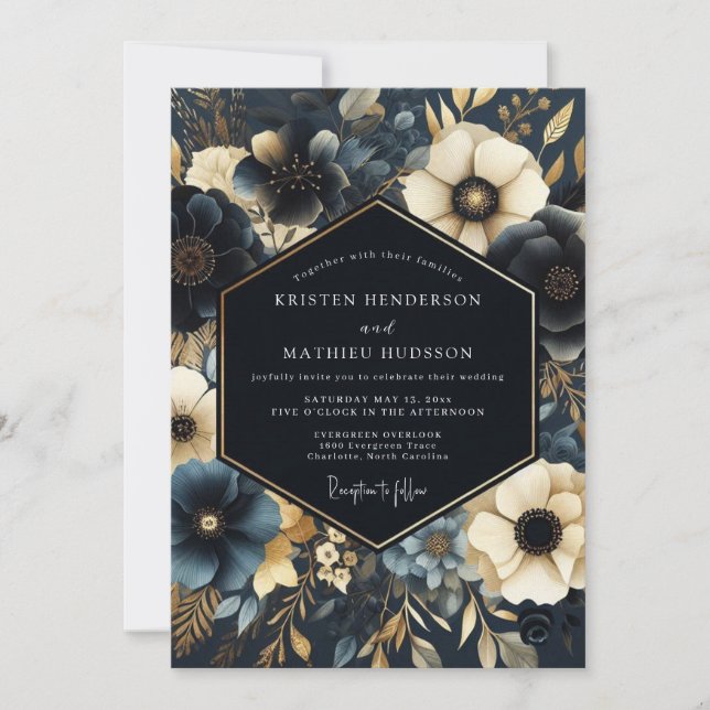 Invitation Navy Gilded Floral Wedding (Devant)