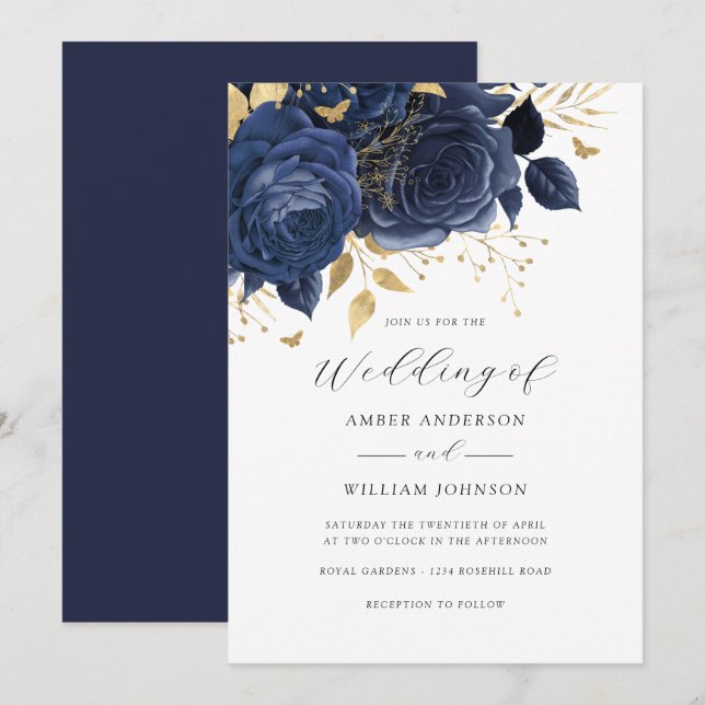 Invitation Navy Gold Floral Rose Wedding   (Devant / Derrière)