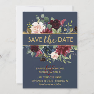Invitation Navy Gold Merlot Floral Blooms Enregistrez la Date
