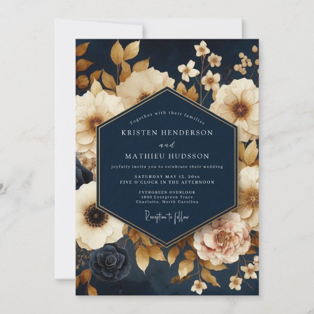 Invitation Navy Gold Painterly Bloom Wedding (Devant)