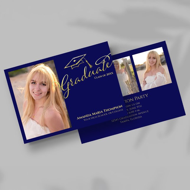 Invitation Navy Gold Script Multi Photo Graduation Party Invi (Navy blue and gold script graduation invitation with large portrait photo on the front.)