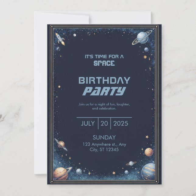 Invitation Navy Gold Watercolor Rocket Planet Border Birthday (Devant)