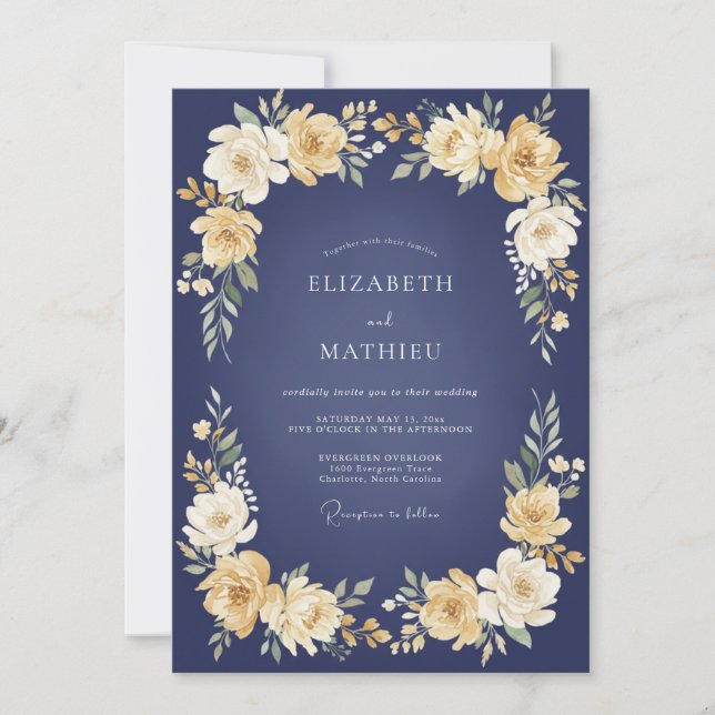 Invitation Navy Golden Bloom Wedding (Devant)