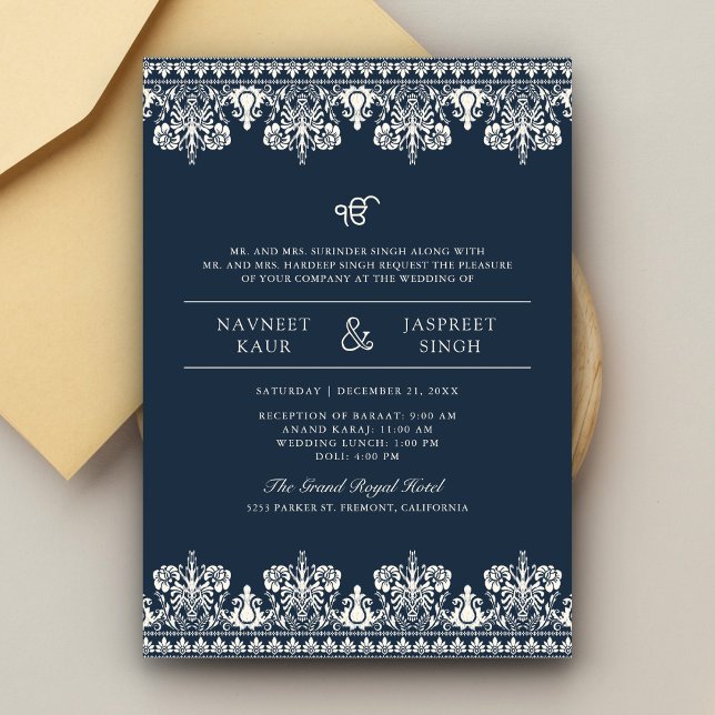 Invitation Navy Ivory Damassé Bordure Anand Karaj Mariage Sik (Créateur téléchargé)
