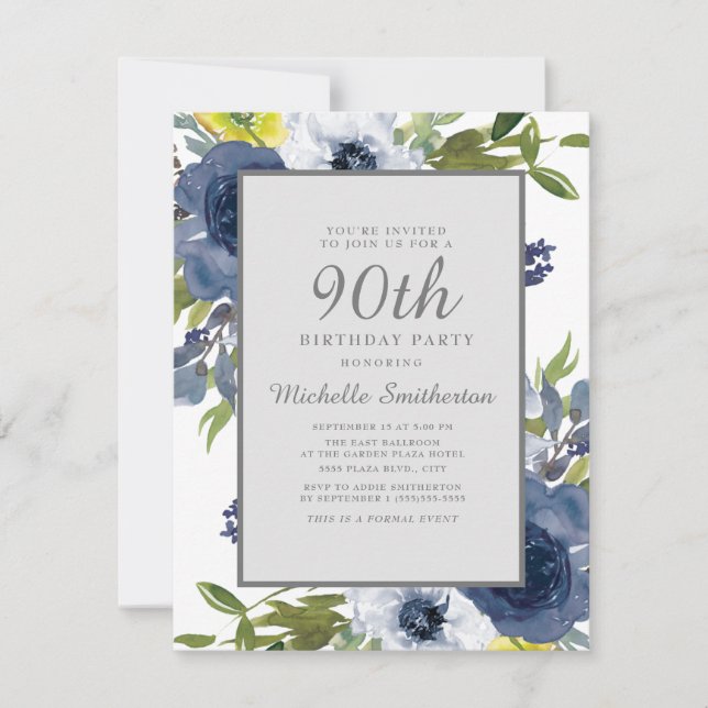 Invitation Navy Jaune Blanc Floral Feuilles 90e Anniversaire (Devant)