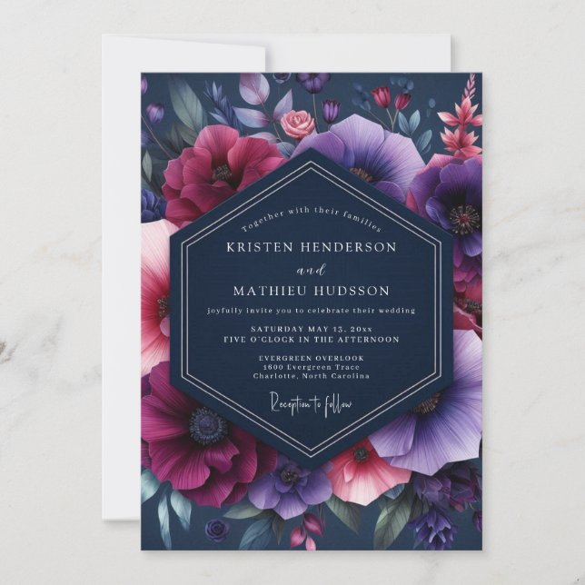 Invitation Navy Magenta Dramatic Bloom Wedding (Devant)