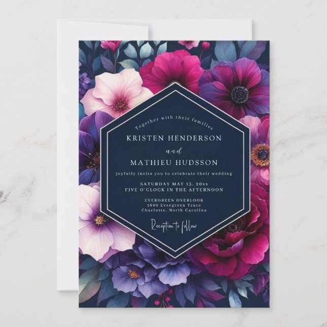 Invitation Navy & Magenta Vibrant Floral Wedding (Devant)