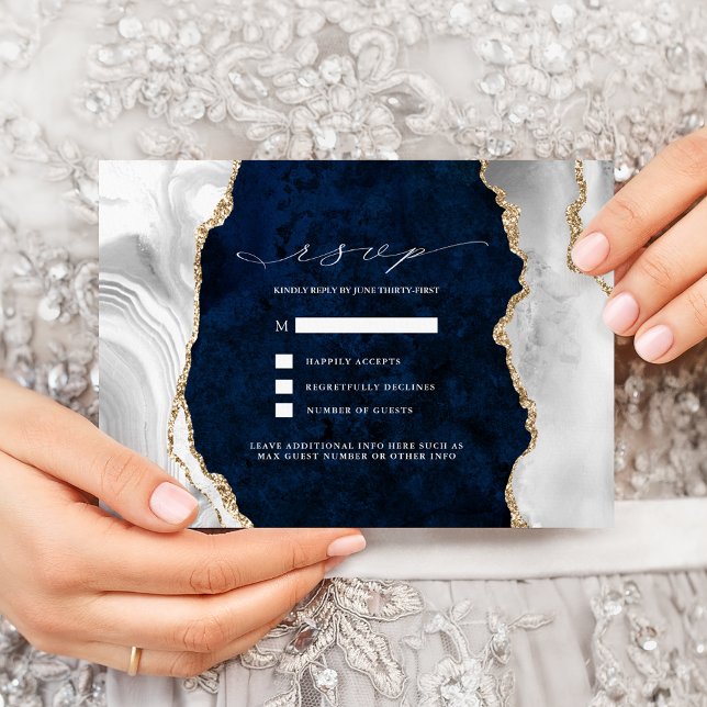 Invitation Navy Marble, Blanc & Agate Or RSVP de mariage (Créateur téléchargé)