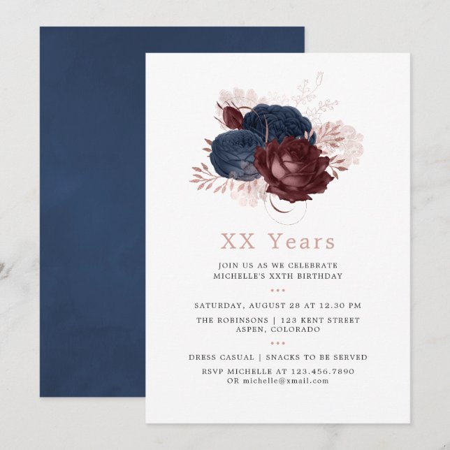 Invitation Navy, Marron et Rose Gold Floral Anniversaire (Devant / Derrière)