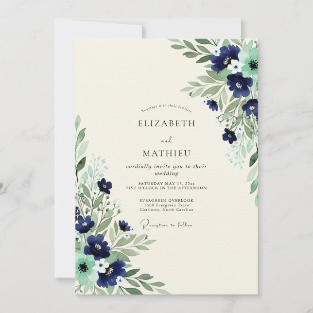 Invitation Navy Mint Exquisite Botanical Wedding (Devant)