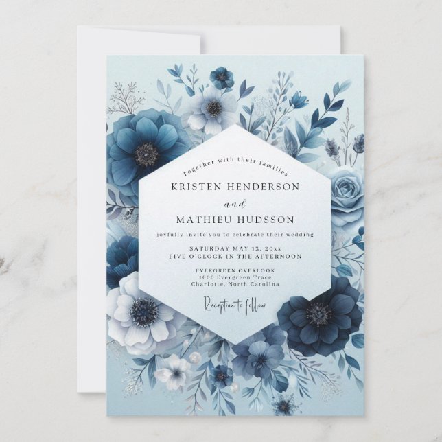 Invitation Navy Monochromatic Bloom Wedding (Devant)