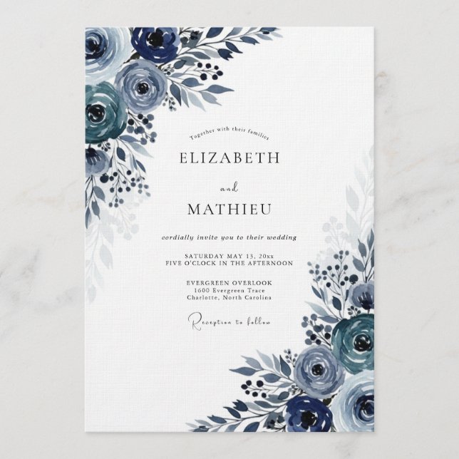Invitation Navy Moody Bloom Wedding (Devant)