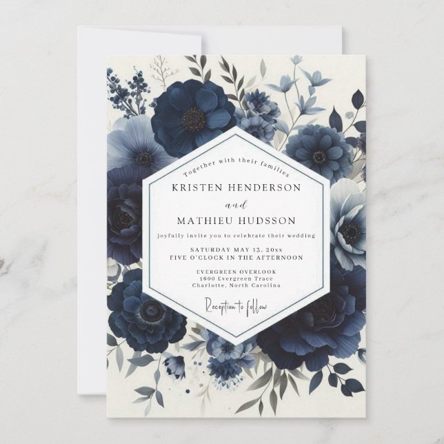 Invitation Navy Moody Floral Wedding (Devant)