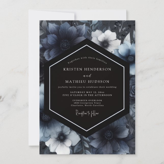 Invitation Navy Moody Floral Whimsy Wedding (Devant)