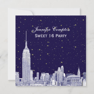 Invitation Navy NYC Skyline Etch Starry DIY BG Douce 16 SQ En