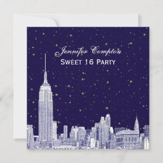Invitation Navy NYC Skyline Etch Starry DIY BG Douce 16 SQ En