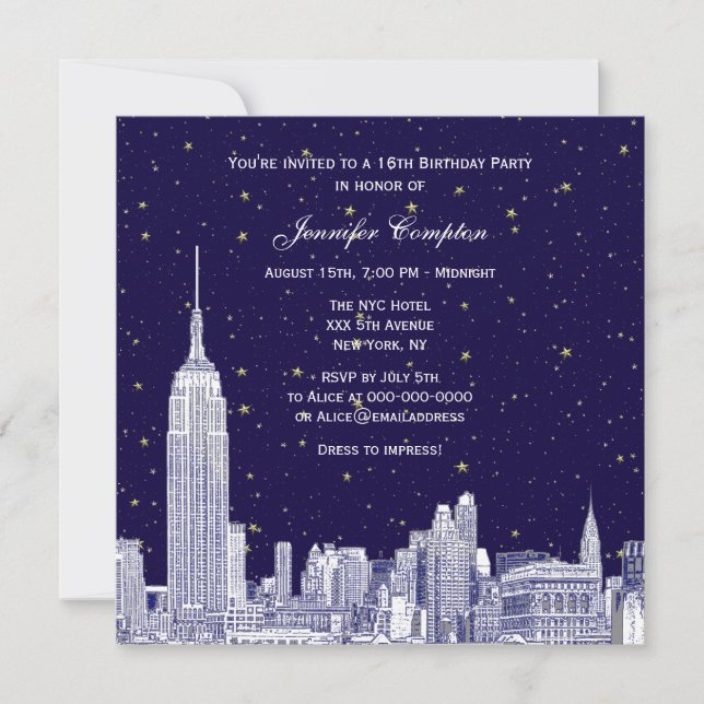 Invitation Navy NYC Skyline Etch Starry DIY BG Sweet 16 SQ #2 (Devant)