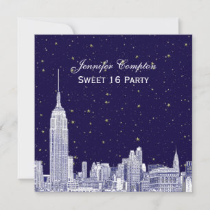 Invitation Navy NYC Skyline Gravure Étoilée Fond DIY 16 Ans C