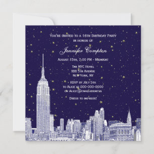 Invitation Navy NYC Skyline Gravure Étoilée Fond DIY Douce 16
