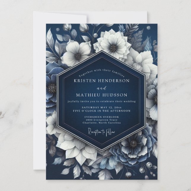Invitation Navy Opulent Floral Romance Wedding (Devant)