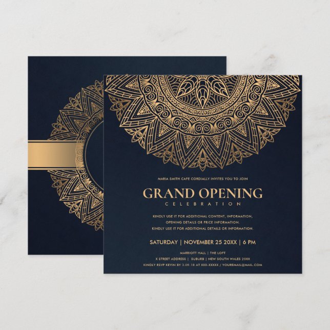 INVITATION NAVY OR CLASSIQUE ORNÉ MANDALA GRANDE OUVERTE (Devant / Derrière)