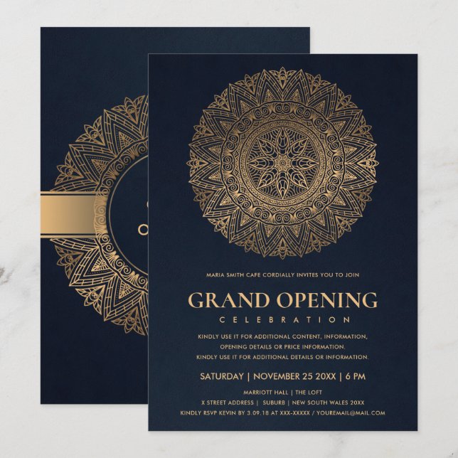 INVITATION NAVY OR CLASSIQUE ORNÉ MANDALA GRANDE OUVERTE (Devant / Derrière)