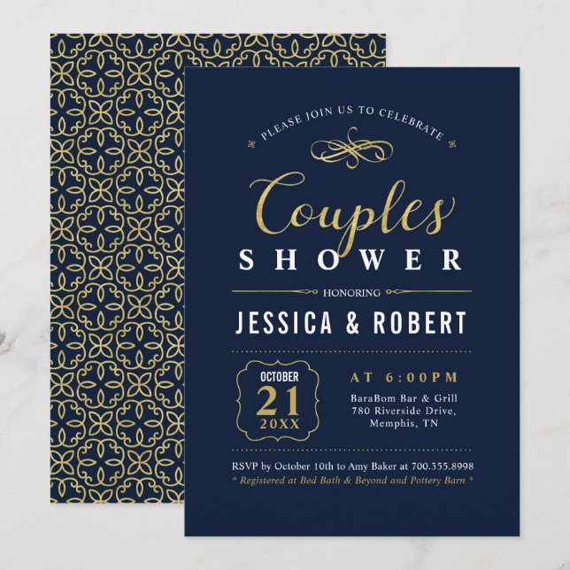 Invitation Navy & Or | Élégant Mariage Shower de Couple (Devant / Derrière)