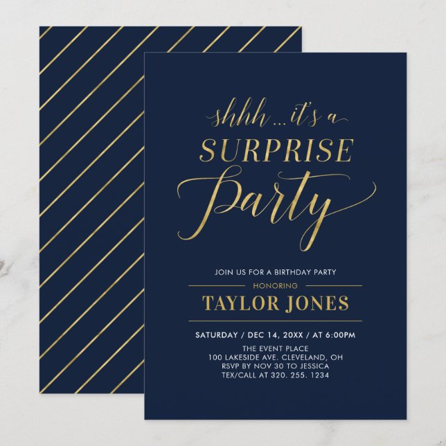 Invitation Navy & Or | Fête d'anniversaire surprise moderne (Devant / Derrière)