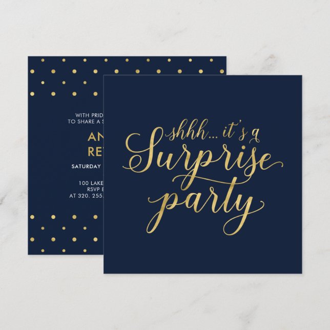 Invitation Navy & Or | Fête de retraite moderne et surprise (Devant / Derrière)