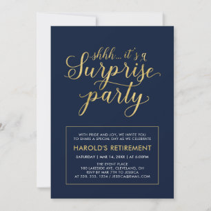 Invitation Navy & Or Fête de retraite moderne et surprise