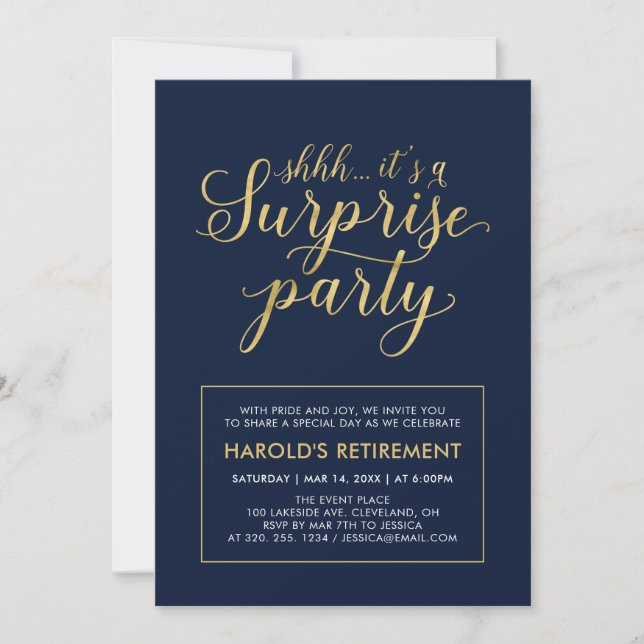 Invitation Navy & Or | Fête de retraite moderne et surprise (Devant)