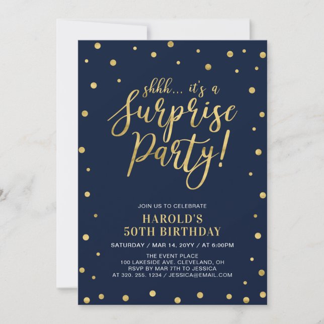 Invitation Navy & Or | Fête surprise d'anniversaire 50 ans Ad (Devant)