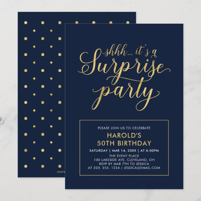 Invitation Navy & Or | Fête surprise moderne pour 50e anniver (Devant / Derrière)
