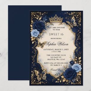 Invitation Navy Or Fleur Papillon Douce 16